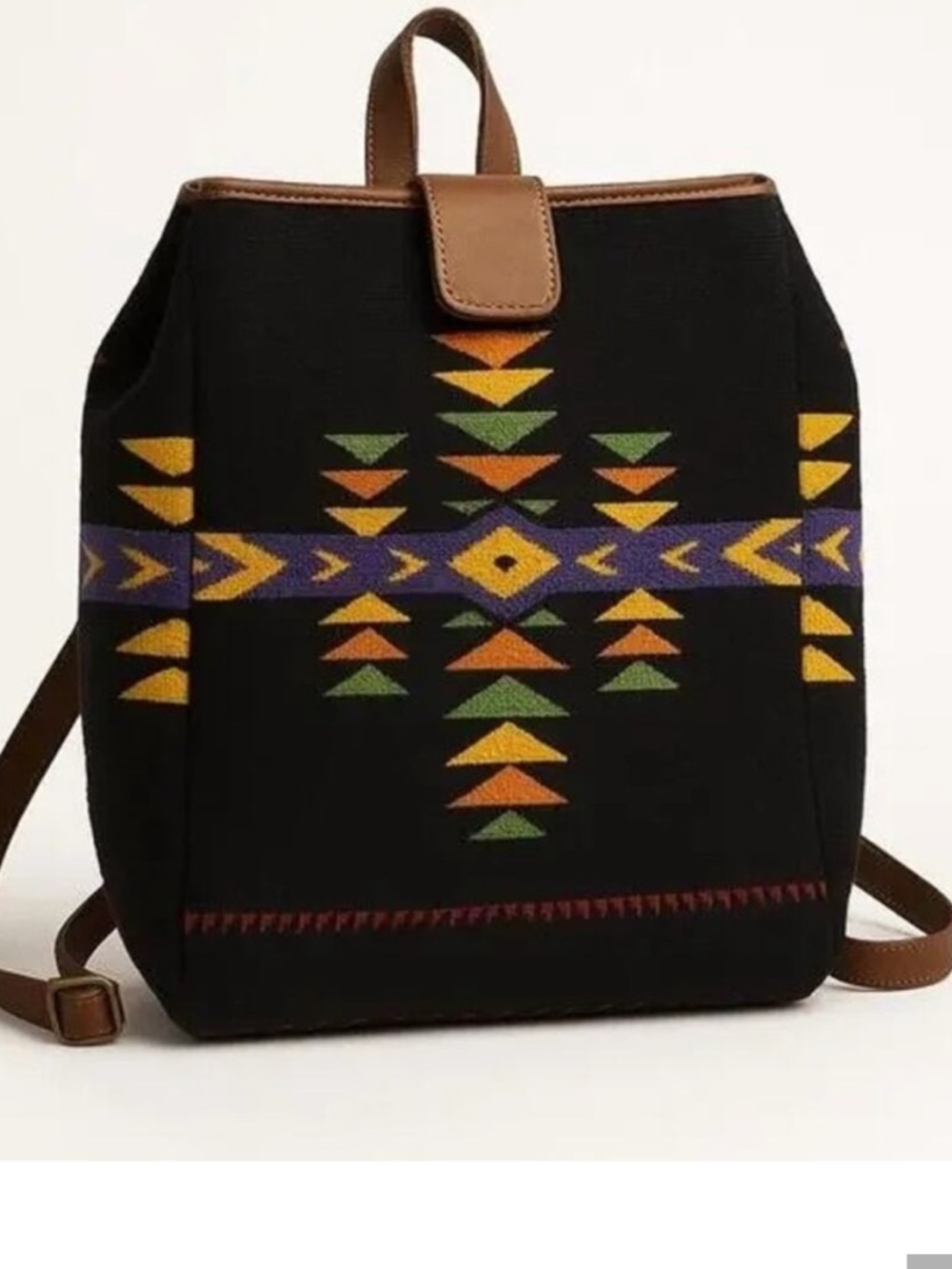 Vintage Pendleton Aztec Southwestern Wool Backpack with Brown Leather Trim